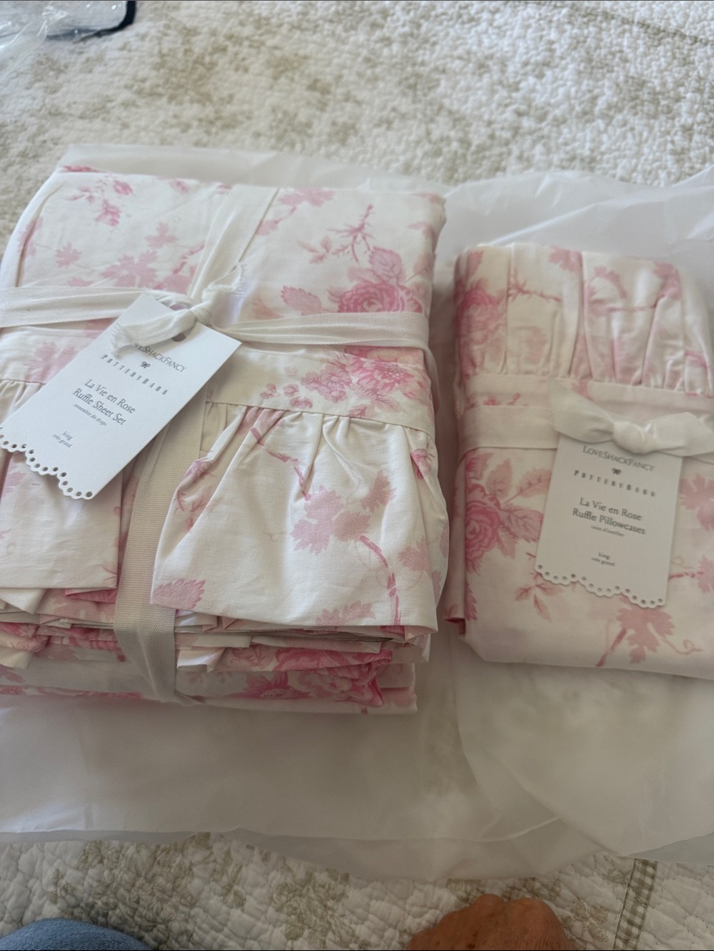 POTTERY BARN LoveShackFancy Pink Floral Ruffle Sheet & Pillowcase Set